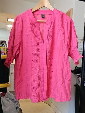 SHEIN- Unbranded Pink Eyelet Split-Neck Women's Top